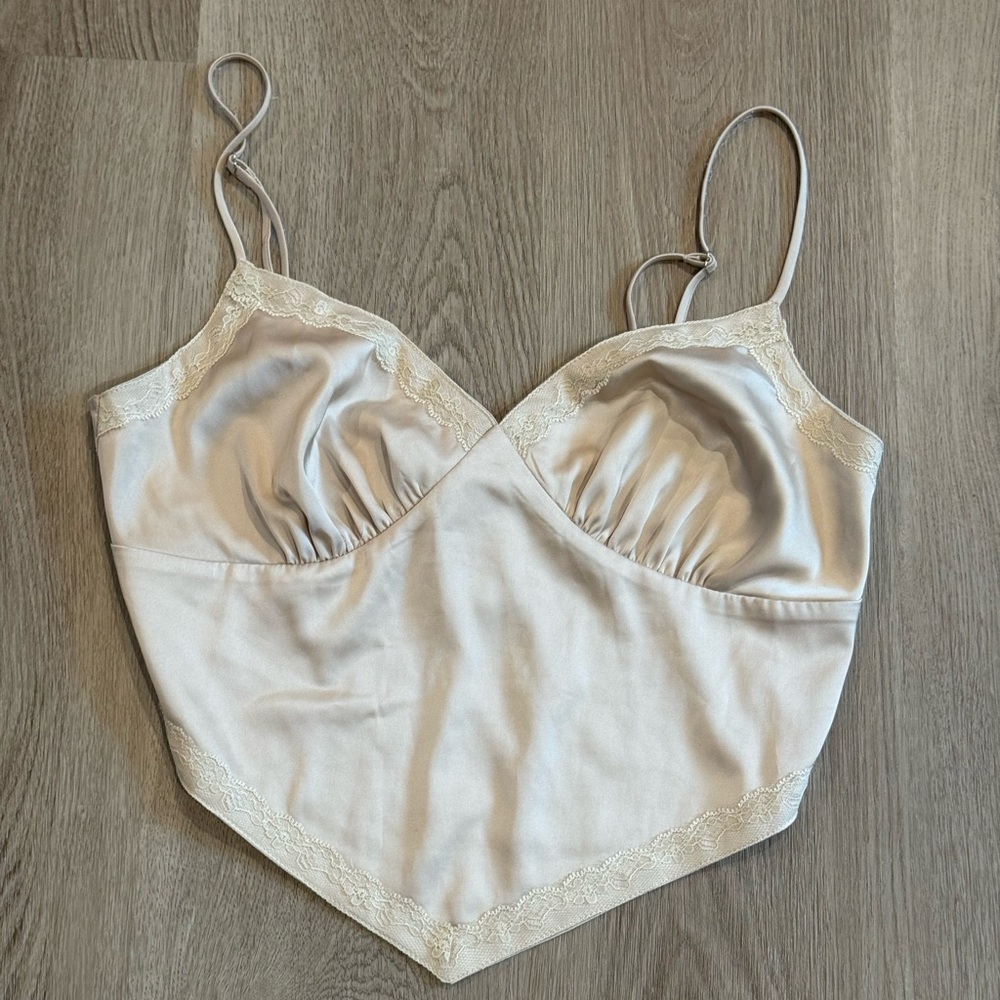 Mabel Cream Lace Trim Bra Corset Crop Top – Tie Back, Y2K Style, Size Large